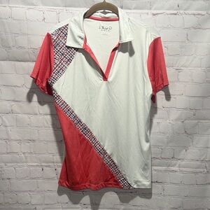 Izod Women's Coral and White Short Sleeve Golf Polo with Diagonal Print Size L